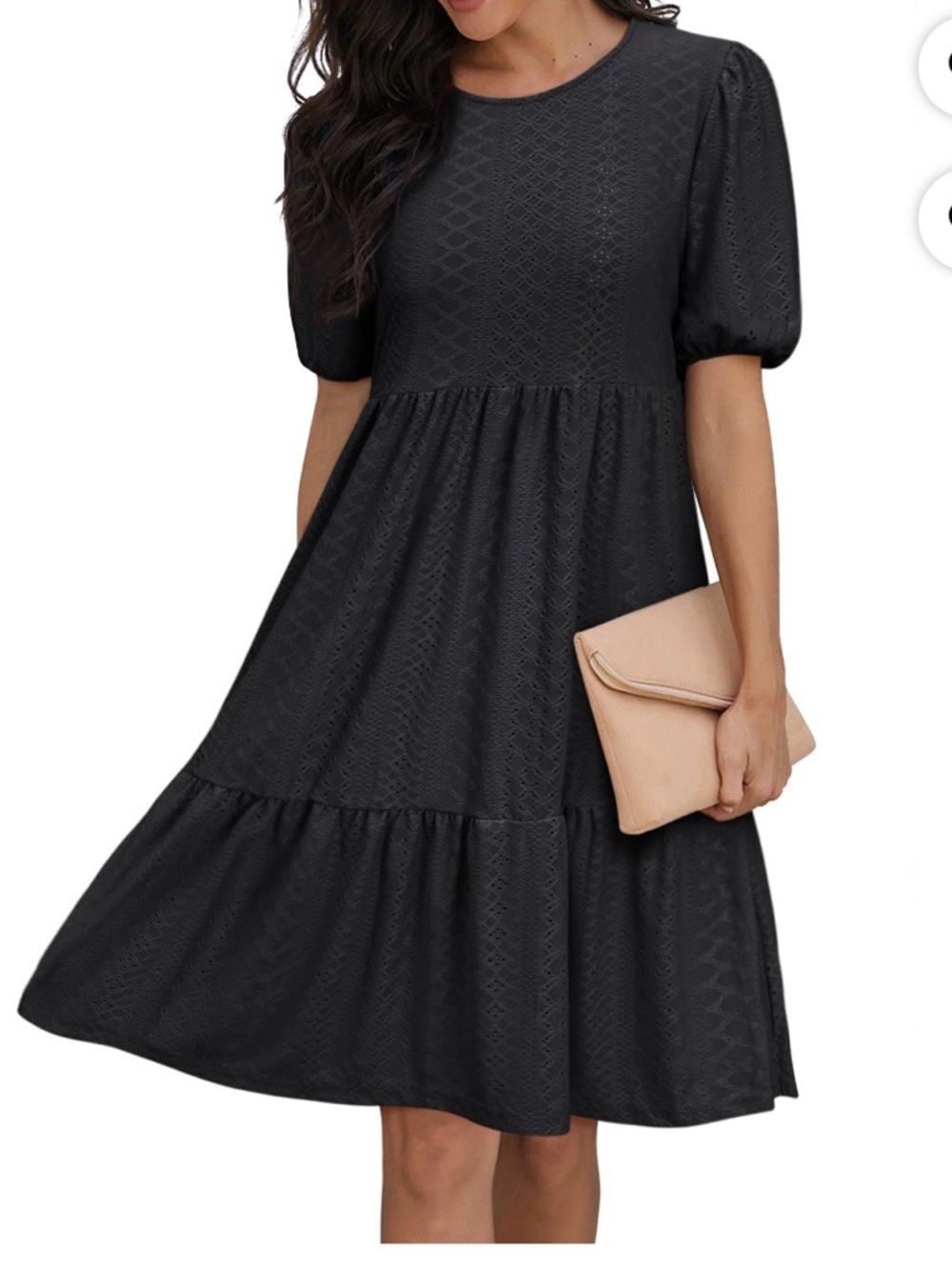NEW Black Short Sleeve Cotton Knit Tiered Eyelet Hem Dress